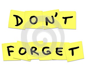 Don't Forget Reminder Words on Yellow Sticky Notes