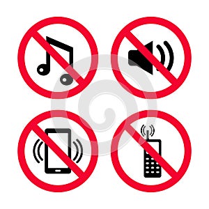 Don`t make noise, No mobile phones, no music, No loud noises, red prohibition signs. photo