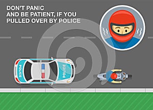 Don`t panic and be patient if you pulled over by police. Top view of a traffic police car and moto rider on side of the road.