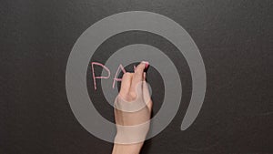 Don`t panic. A left female hand writes the word by red chalk on a black board