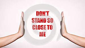 Don`t Stand So Close to Me. Contact-less Greetings. Healthcare Poster. Two Hands Gesture Limit Social Distance