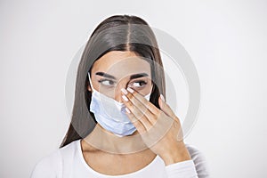 Don`t Touch Your Face. Girl wearing surgical mask rubbing her eye with dirty hands.Precautions, Avoid Touching Your Eyes. Woman i