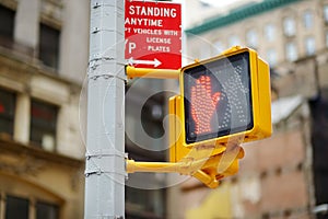 Don`t walk New York traffic sign on blurred background