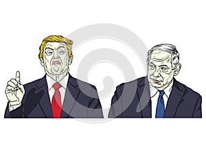 Donald Trump and Benjamin Netanyahu. Vector Portrait Cartoon Caricature Illustration. May 17, 2018