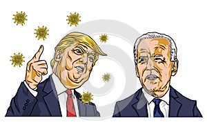 Donald Trump Face to Face VS Joe Biden Presidential Canditates Debate with Coronavirus Covid-19 Icon Background. Vector Cartoon Ca