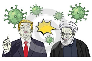 Donald Trump and Hassan Rouhani vs Coronavirus COVID-19. Vector Cartoon Caricature Portrait Illustration. Washington DC March 27,