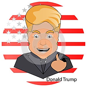 Donald trump the president a smile finger up victory elections of 2016 against the background the flag stylized America on whi