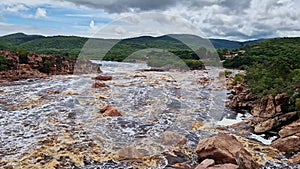 Donana Waterfall in Paraguassu River with dark waters in Andarai, Chapada Diamantina, Bahia in Brazil