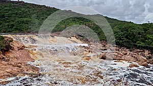 Donana Waterfall in Paraguassu River with dark waters in Andarai, Chapada Diamantina, Bahia in Brazil