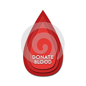 Donate blood 3d abstract paper cut illlustration of blood drop. Vector colorful template in carving art style.