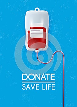 Donate blood bag on blue background. Vector 3d illustration