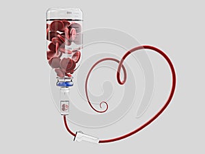 Donate blood concept with Blood Bag and heart. 3d Illustration