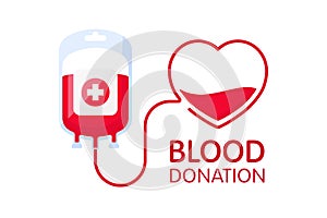 Donate blood concept with blood bag and heart. Blood donation vector illustration. World blood donor day - June 14.