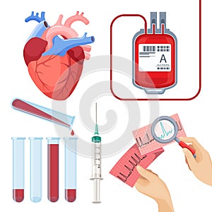 Donate blood concept vector illustration set. Donor service equipment