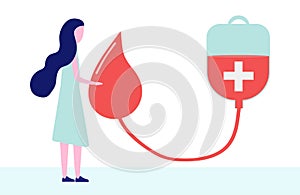 Donate blood concept with woman, blood bag and a drop of blood in a flat style