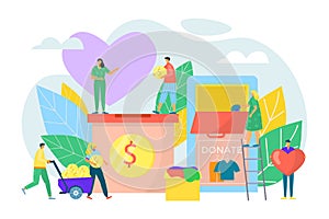 Donate box concept flat donation charity help vector illustration. People character giving money coin design, volunteer
