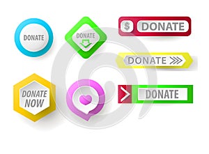 Donate button collection. Set of web buttons for charity