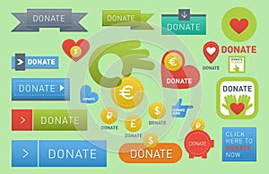 Donate buttons vector set illustration help icon donation gift charity isolated support design sign contribute