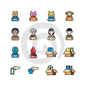 Donate and Charity flat icons set. hold box, Volunteer help, people donations and Care box. design vector