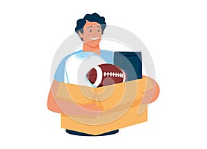 Donate clothes isolated cartoon vector illustrations. Man holds box with donated toys and clothes