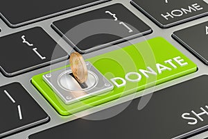 Donate concept green button on keyboard, 3D rendering