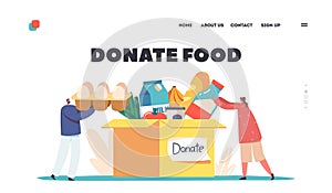 Donate Food Landing Page Template. Support Social Care, Volunteering and Charity. Tiny Characters Filling Donation Box