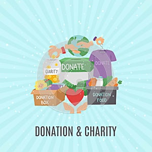 Donate and help symbols, charity organization, heart flat icons set of food and clothes donation cartoon vector