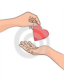 Donate. A helping hand. Icon for charity. Vector illustration. The hand that gives the heart to another hand.