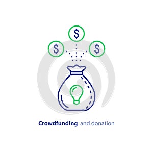 Donate money, crowdfunding line icon, investment and consolidation concept