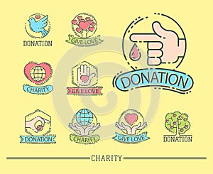 Donate money set logo icons help icon donation contribution charity philanthropy symbols humanity support vector