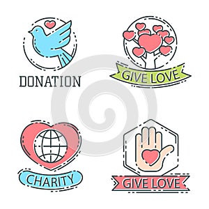 Darovať peniaze sada označenie organizácie alebo inštitúcie ikony pomoc ikona dar dobročinnosť symboly ľudstvo podpora vektor 