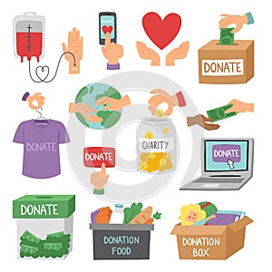 Donate money set outline icons help symbols donation contribution charity philanthropy symbols humanity support vector