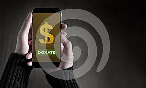 Donate Online Concept, Female holding Smart Phone with Application Campaign, Dollas icon and Button on Screen