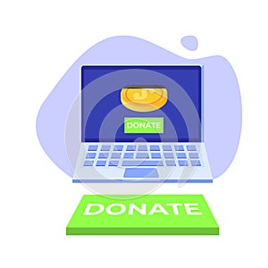 Donate online concept. Laptop with gold coins and key