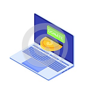 Donate online concept. Laptop with gold coins and key