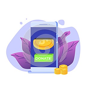 Donate online concept. Smartphone with gold coins and key