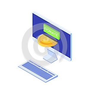 Donate online isometric concept. Desktop with gold coins and key