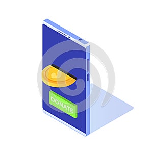 Donate online isometric concept. Smartphone with gold coins and key