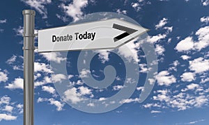 donate today traffic sign on blue sky