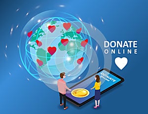 Donating online payments consept. Isometric smartphone tiny people woman man gold coin button and eath palnet background