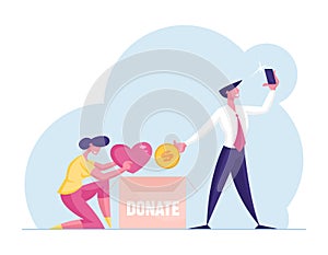 Donation and Altruism Concept. Selfless Woman Put Heart into Donate Box, Insincere Businessman Character Put Gold Coin