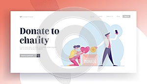 Donation and Altruism Landing Page Template. Selfless Woman Put Heart into Donate Box, Insincere Businessman