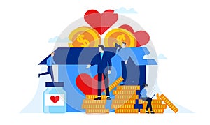 Donation box charity gift with big heart flat illustration design