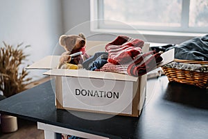 Donation box, Charity Gift hampers, Help Refugees and homeless. Christmas Xmas Charity Donation box with warm clothes photo