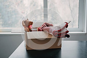 Donation box, Charity Gift hampers, Help Refugees and homeless. Christmas Xmas Charity Donation box with warm clothes photo