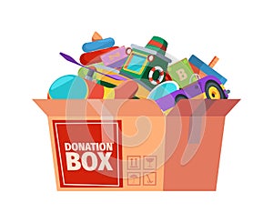Donation box. Children toys in containers carrying for poor kids support donation for different peoples garish vector