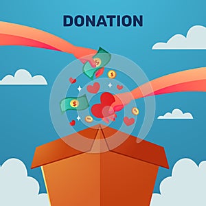 Donation box fundraiser campaign gift charity hand gift hearth and money to donation box cardboard flat illustration