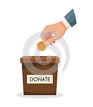 Donation box with human hand insert golden coin, money. Man throws gold coin in a carton box. Donate, giving money