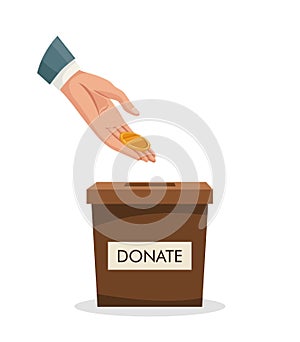 Donation box with human hand insert golden coin, money. Man throws gold coin in a carton box. Donate, giving money