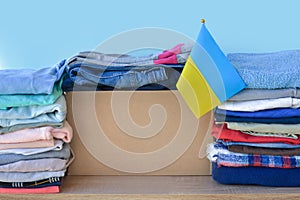 Donation box with humanitarian aid with things for Ukrainian refugees and people in need of help during the war. Charity,